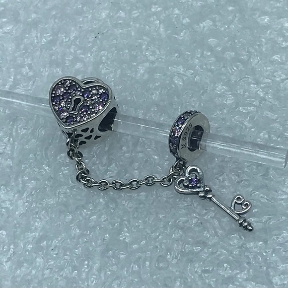 ❤️ Lock with Key , Purple Crystal CZ Charm Sterling Silver 925 #HP15-8 - Picture 4 of 5